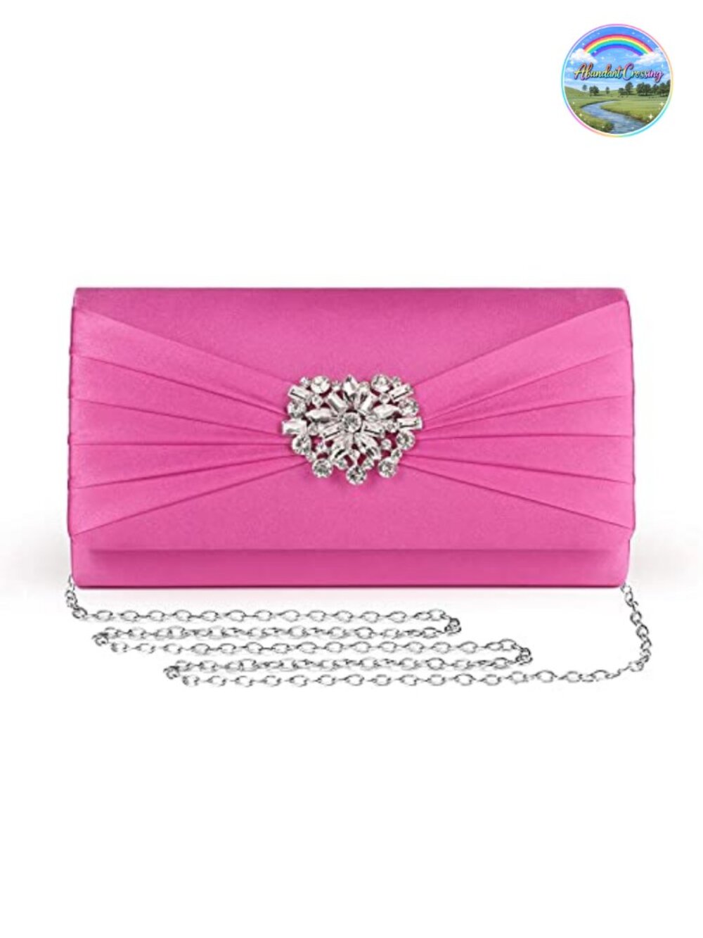 Pleated Satin Rhinestone Brooch Evening Clutch Purse Detachable Chain Crossbody